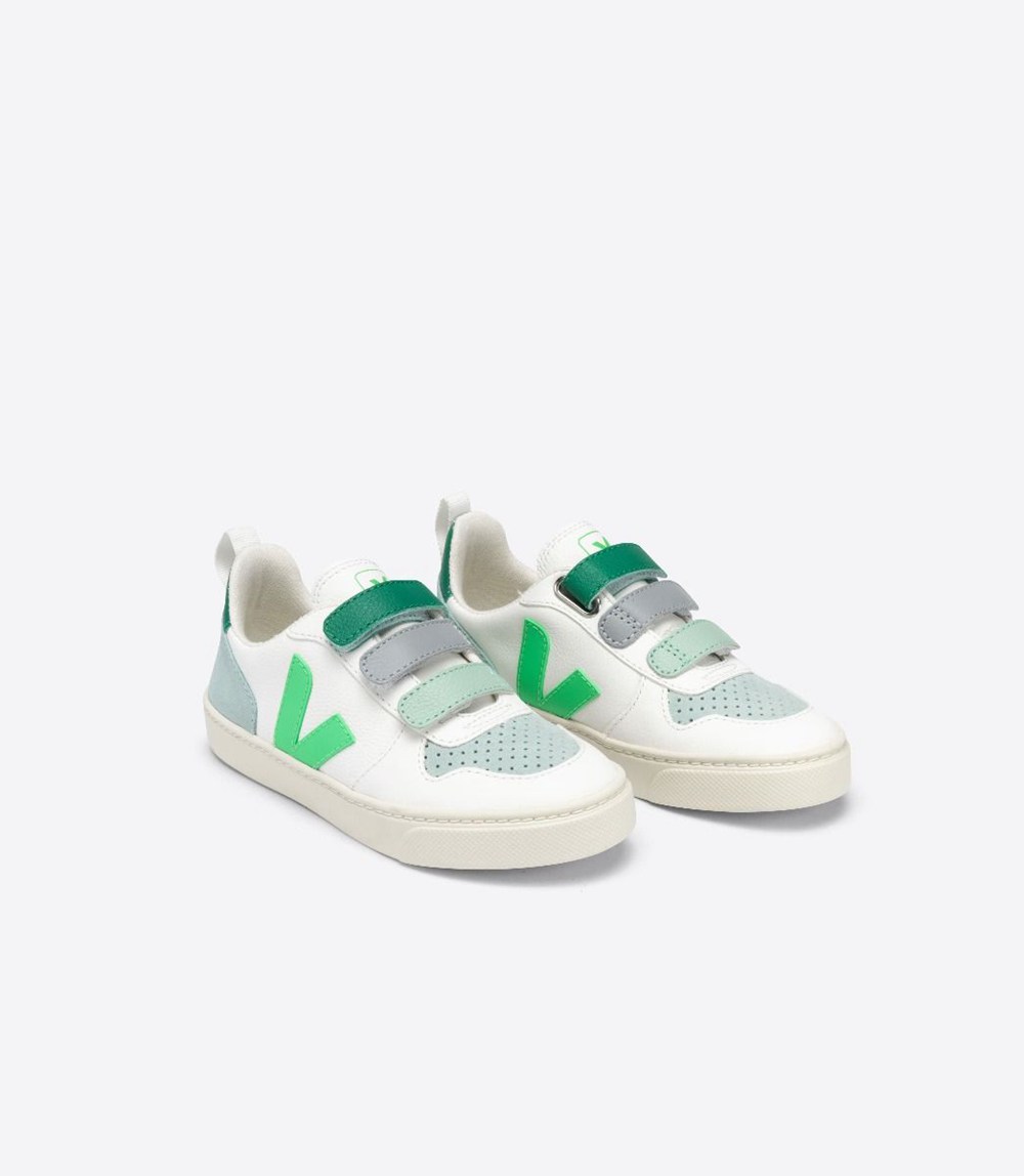 Tenis Veja Niños - V-10 Velcro Chromefree - Blancos/Verdes - 389BIUMST